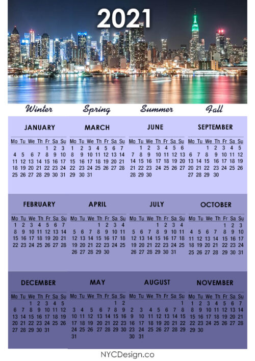 2021 Calendar Printable – A4 Paper Size, NYC Calendar – Monday Start