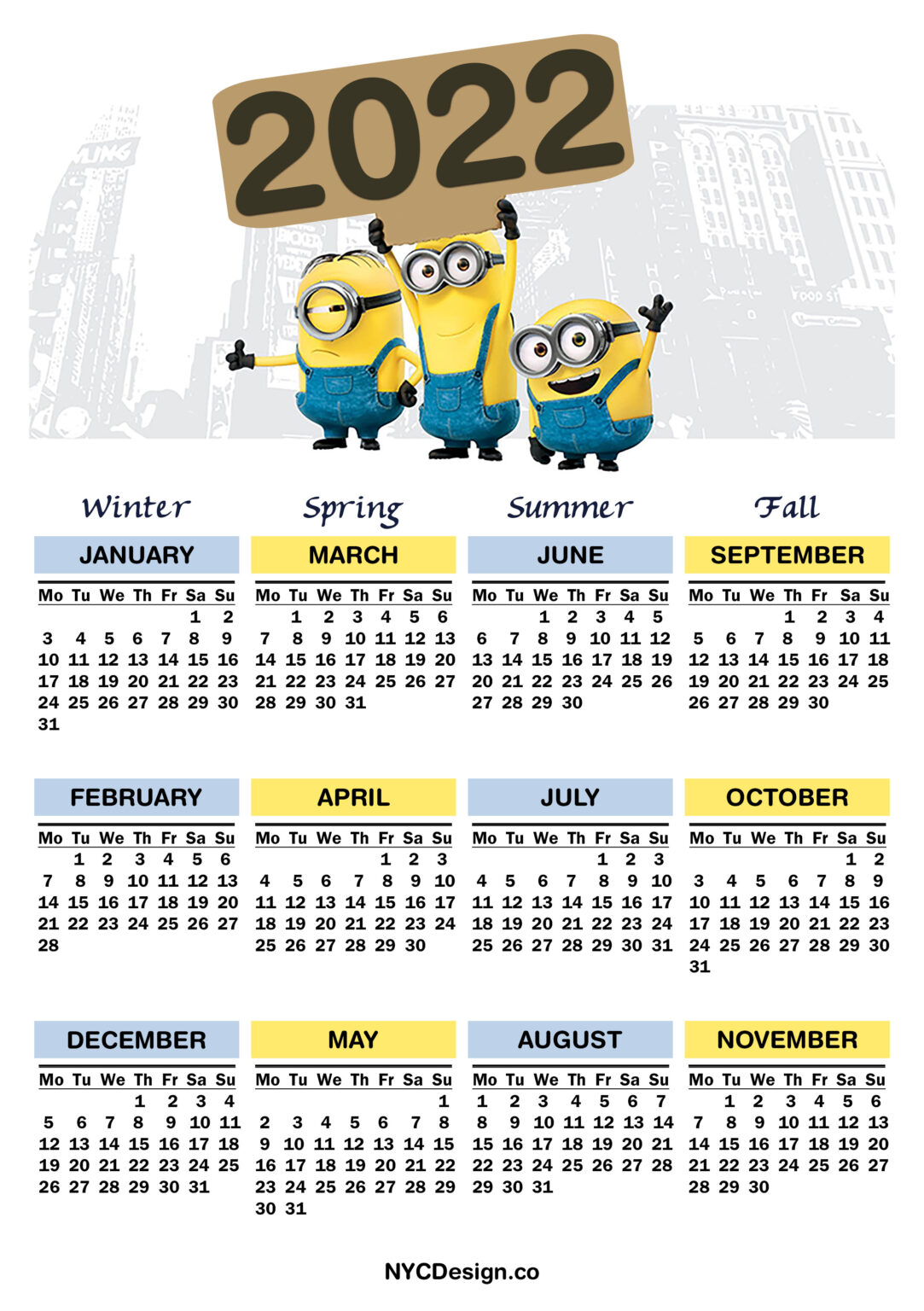 2022 Calendar Printable Free, Minions Calendar – Monday Start ...