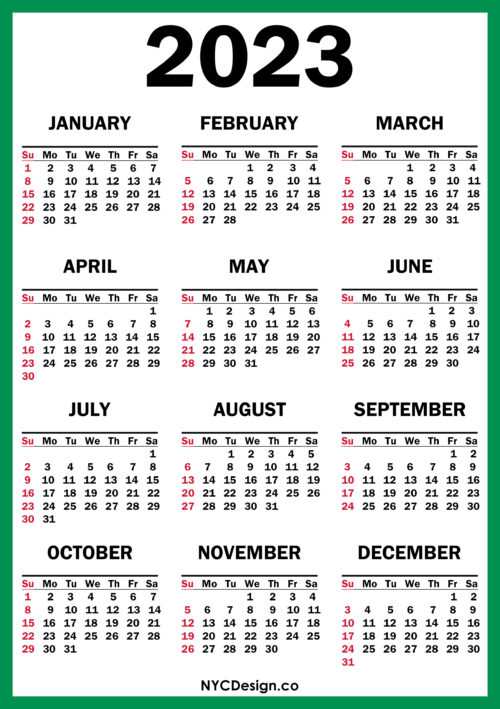 2023 Calendar Printable Free, Green – Sunday Start – nycdesign.us ...