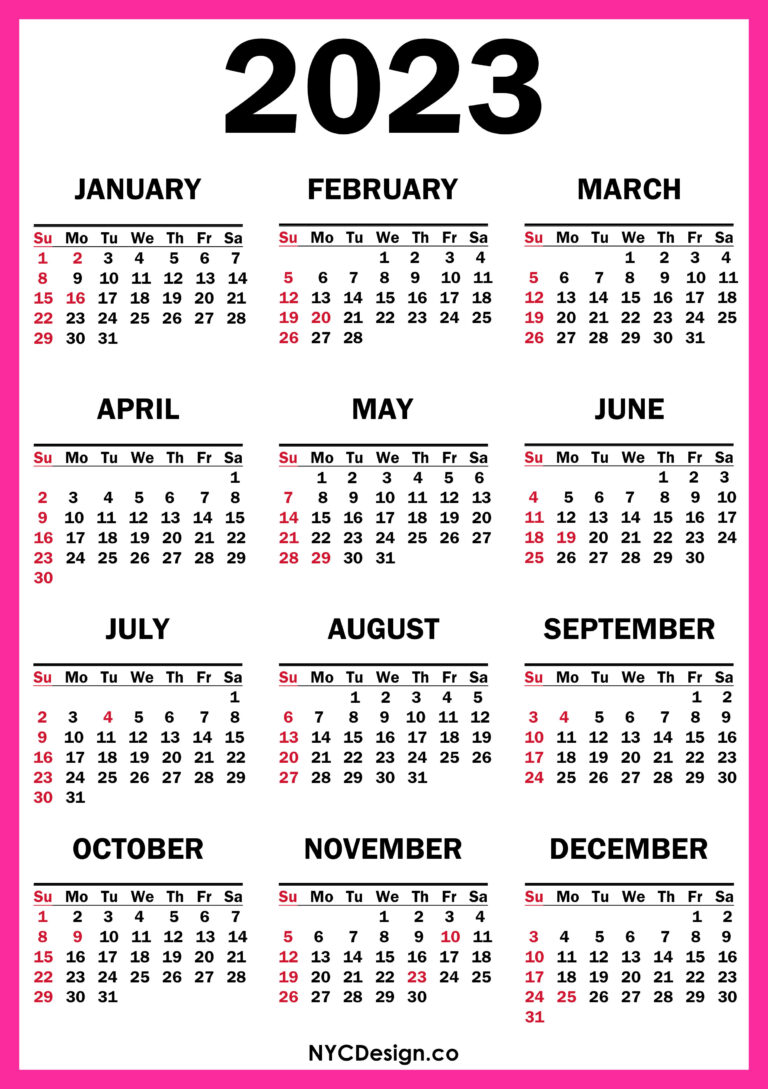 2023 Calendar With Us Holidays Printable Free Pink Sunday Start