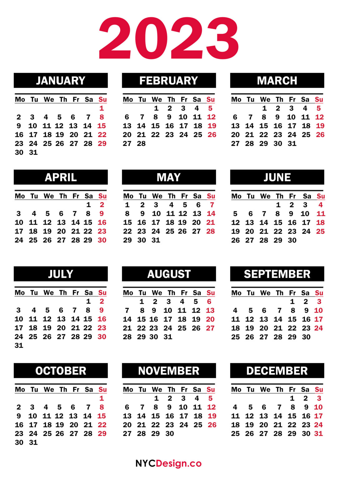 2023 Calendar Printable Free, Pdf, Black – Ms – Nycdesign.us: Printable Things