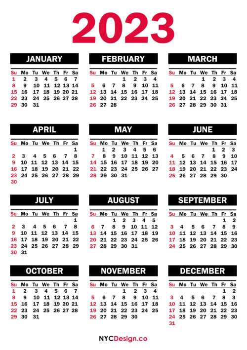 2023 Calendar Printable Free, PDF, Black – SS – nycdesign.us: Printable ...