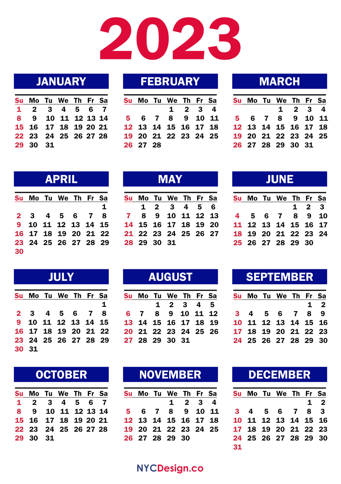 2023 Calendar Printable Free, PDF, Blue, Green – SS – nycdesign.us ...