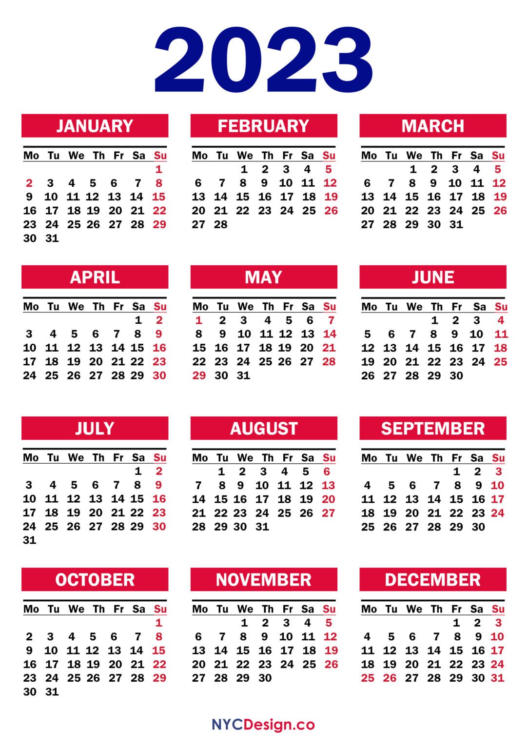 2023 Calendar with UK Holidays, Printable, Free, PDF, Red nycdesign