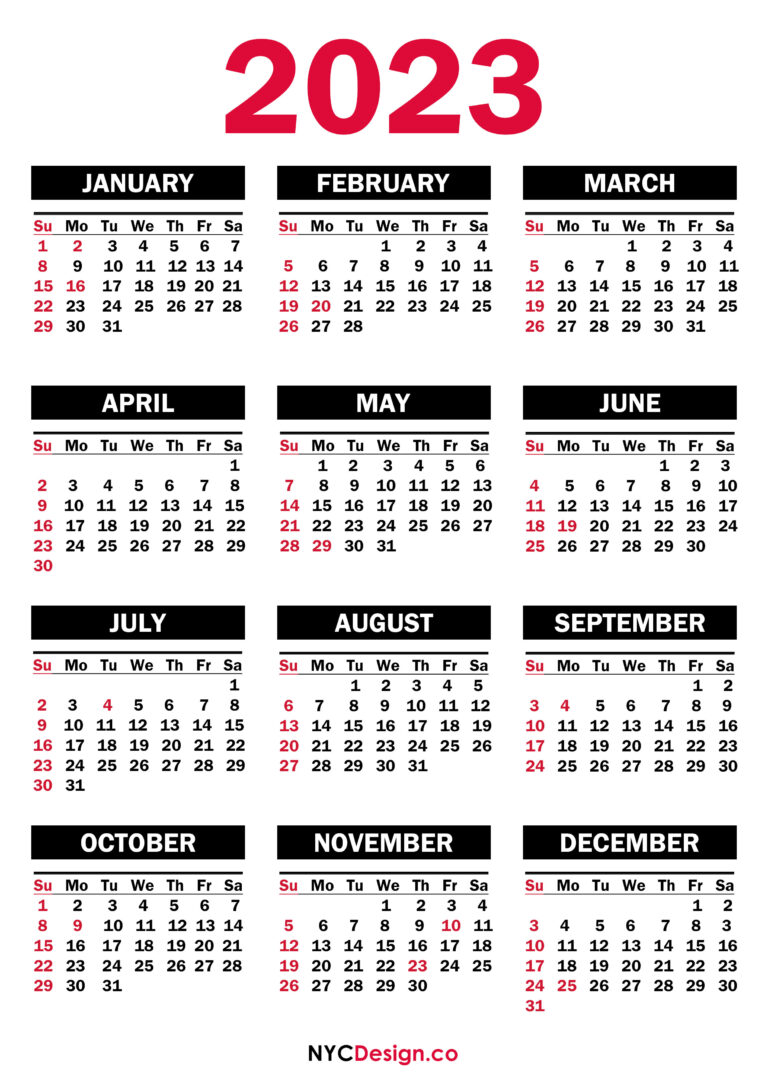 2023 Calendar with US Holidays, Printable, Free, PDF, Black – SS