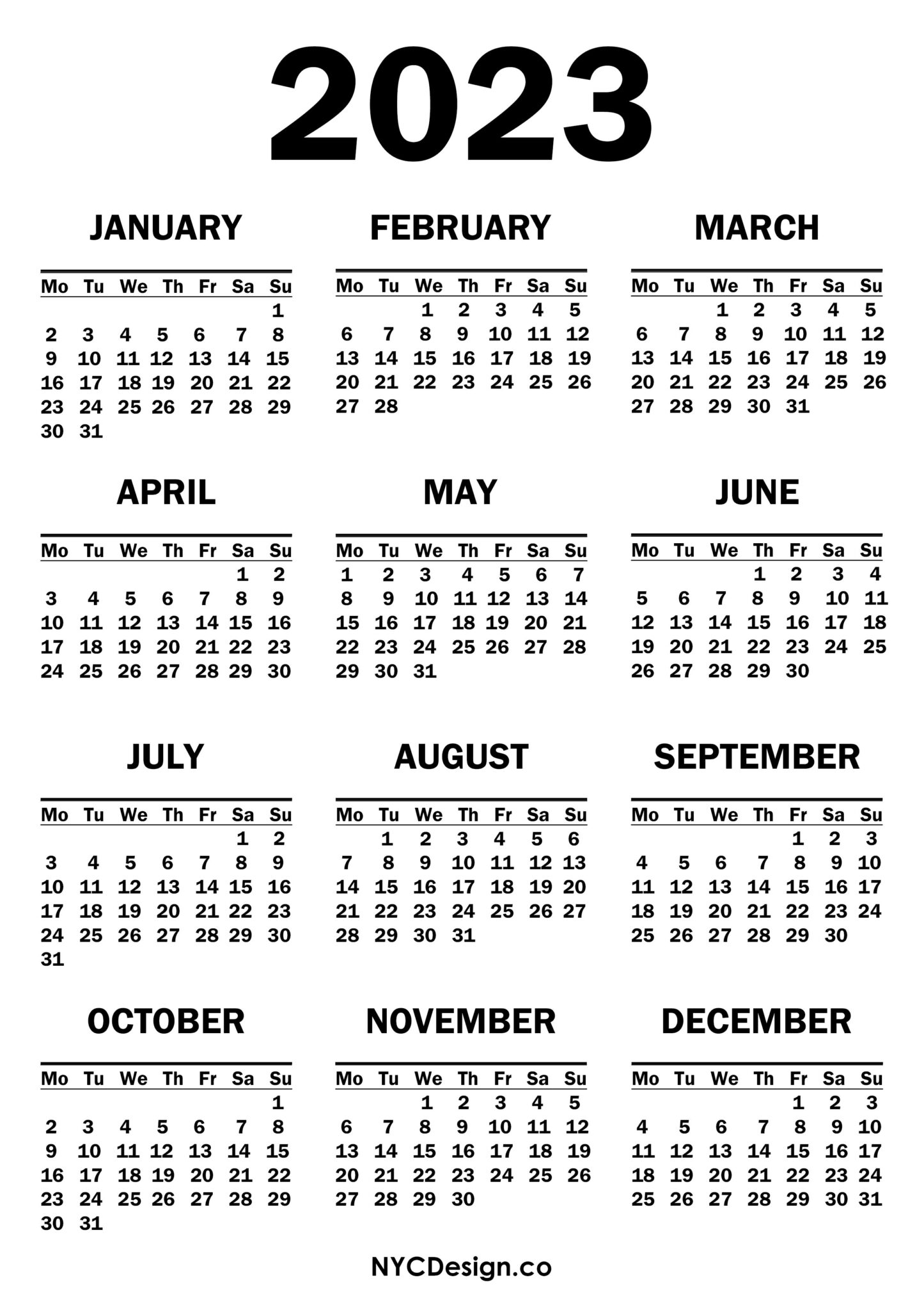 2023 Calendar Printable Free, White Monday Start nycdesign.us