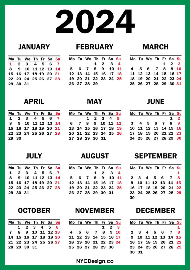 2024 calendar pdf word excel 2024 calendar printable free green red