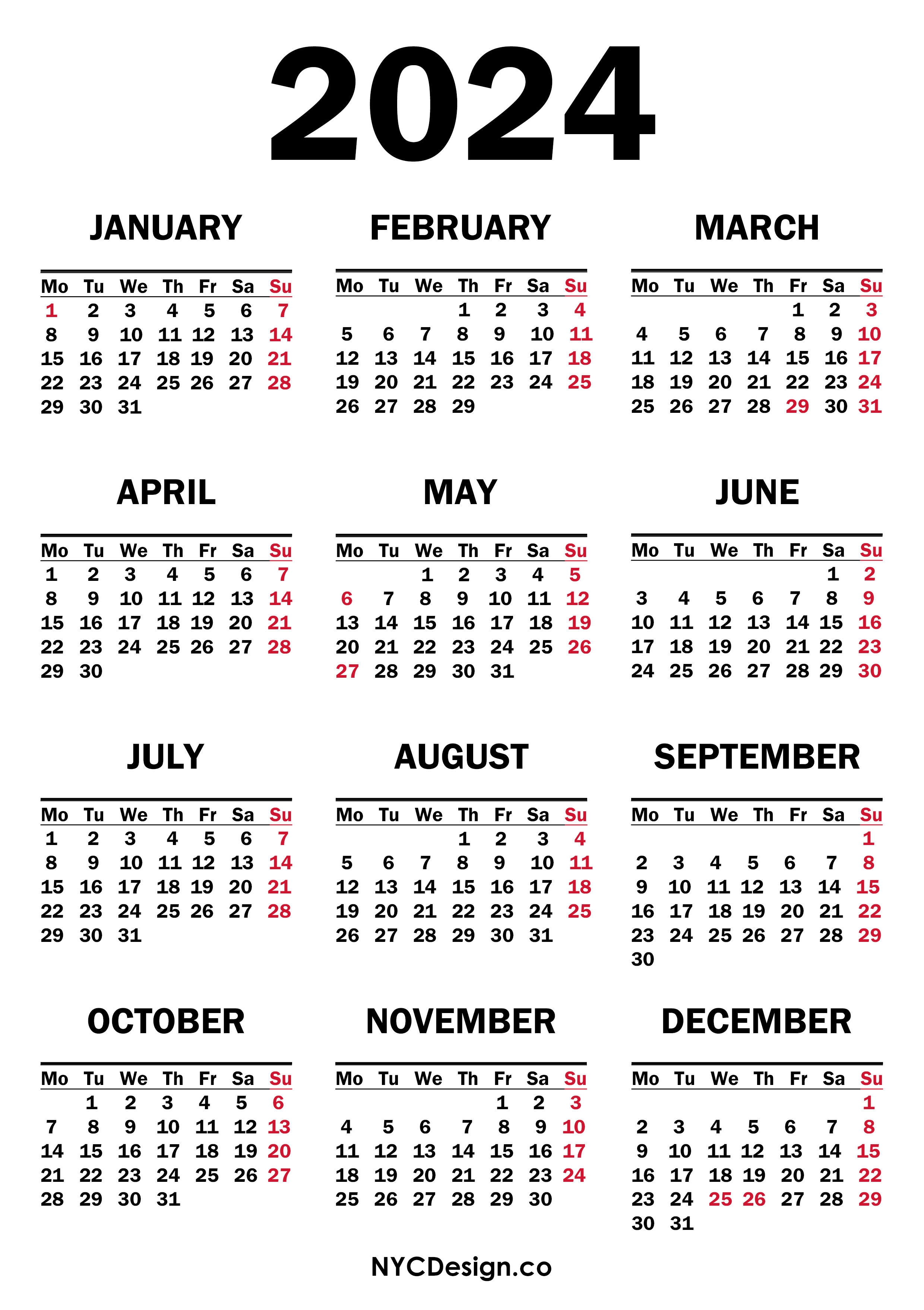 Free 2024 Calendar Printable With Holidays