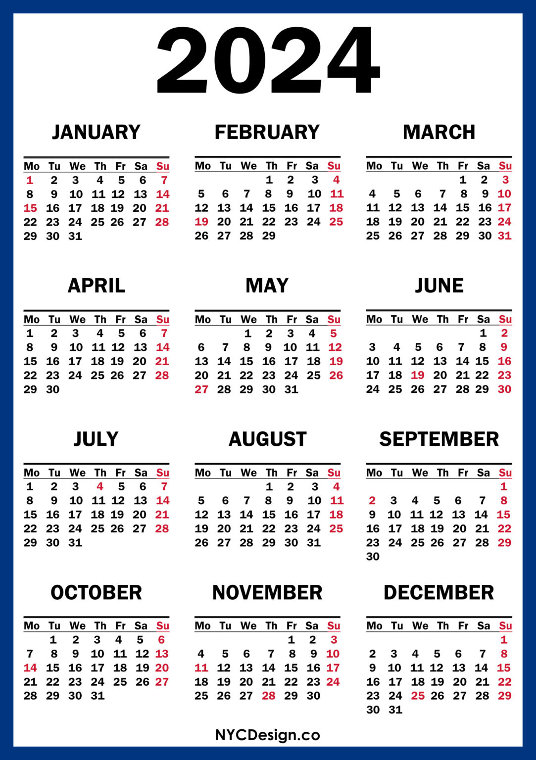 2024 Calendar with US Holidays, Printable Free, Blue, Red – Monday