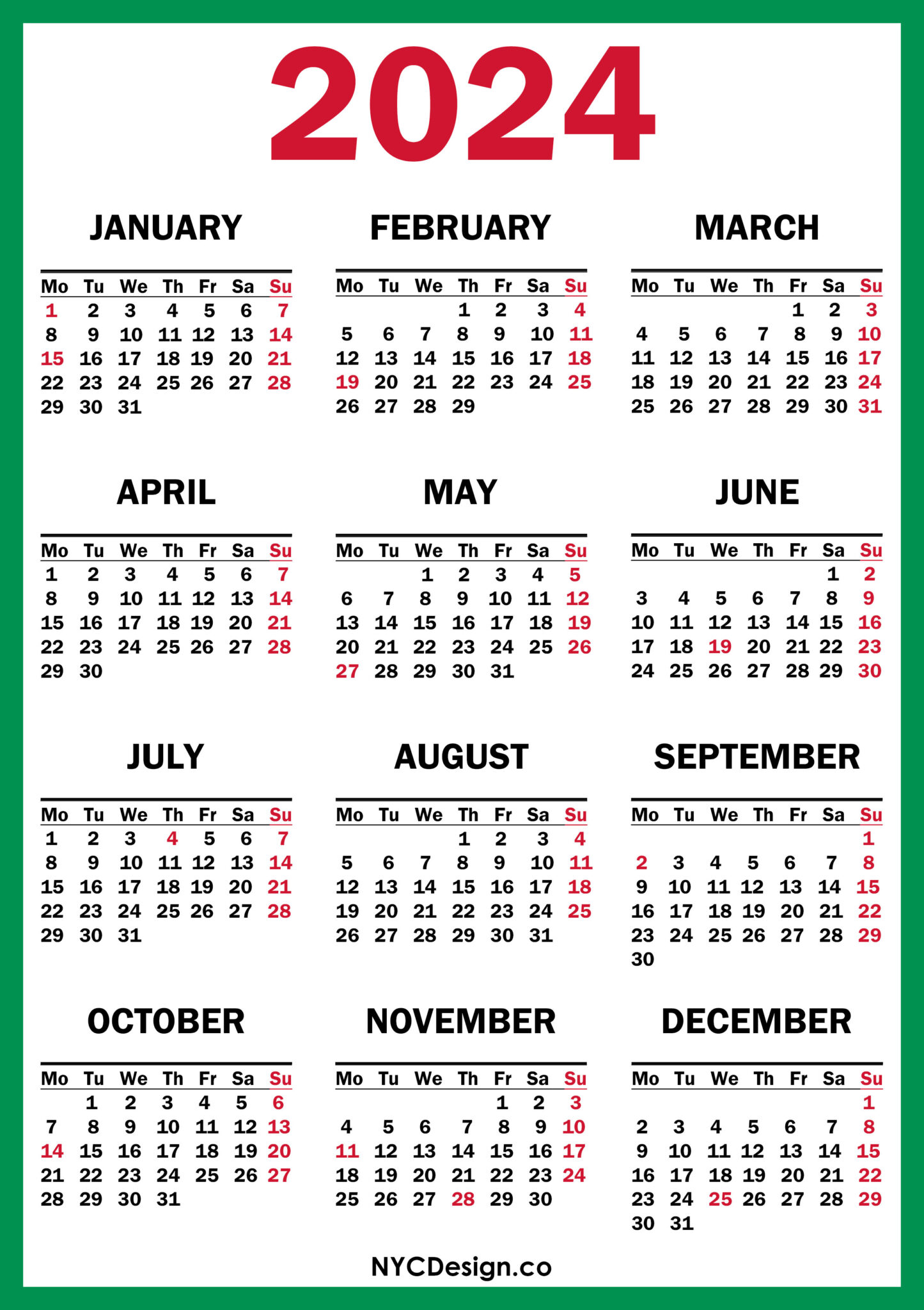 2024 Calendar with US Holidays, Printable Free, Green, Red Monday