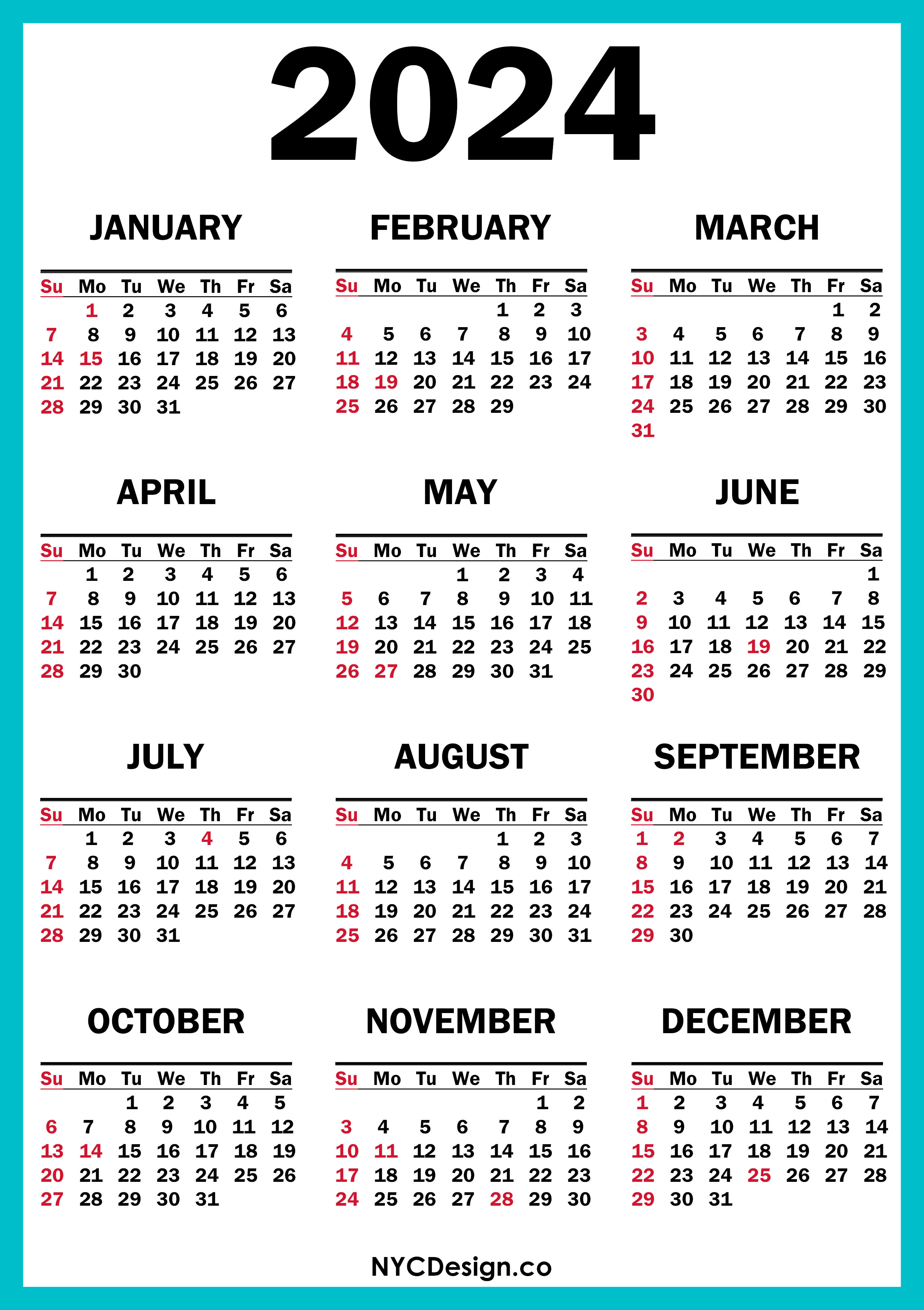 2024 Calendar with US Holidays, Printable Free, Turquoise Blue Sunday