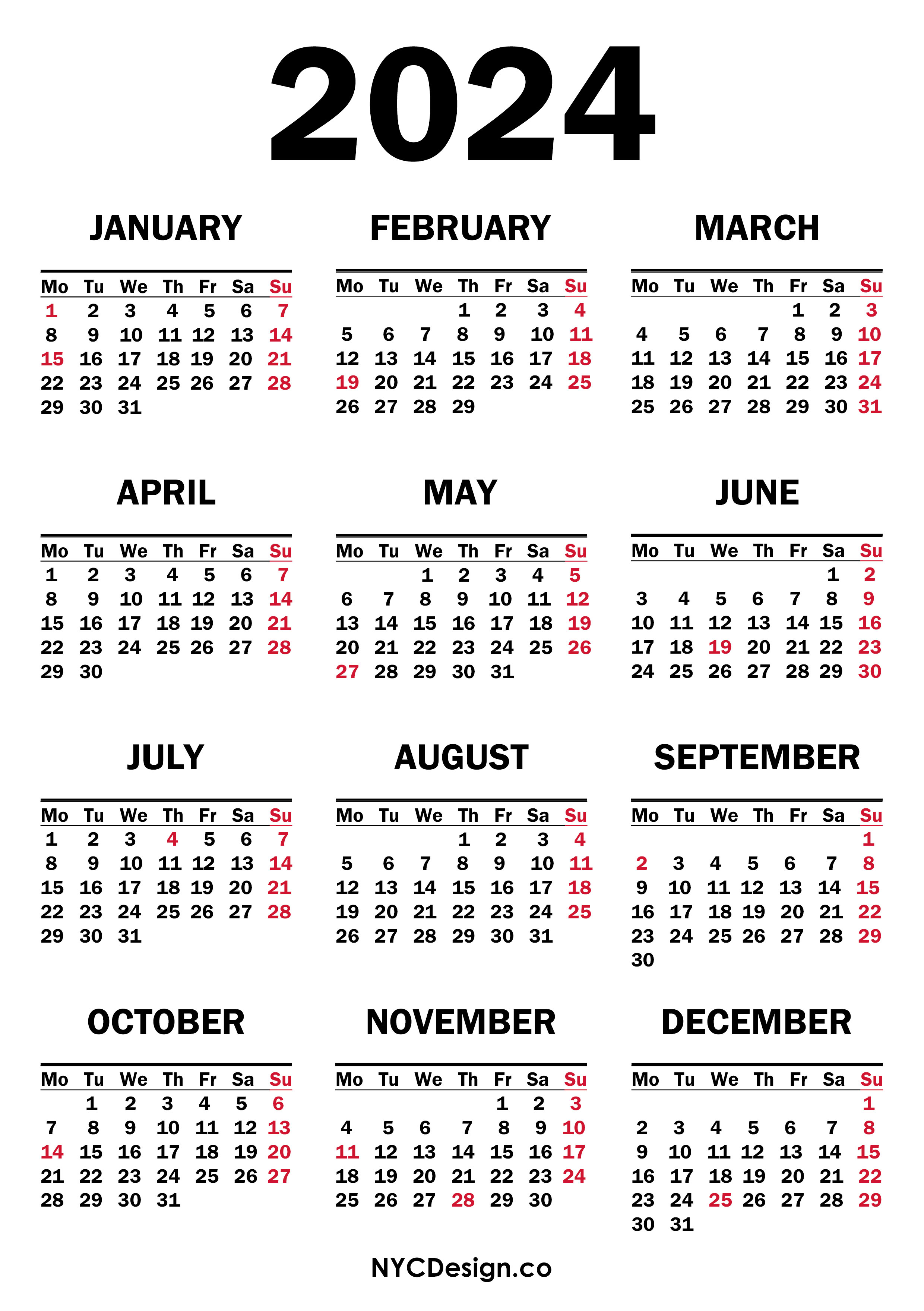 2024 Calendar with US Holidays, Printable Free, White Monday Start