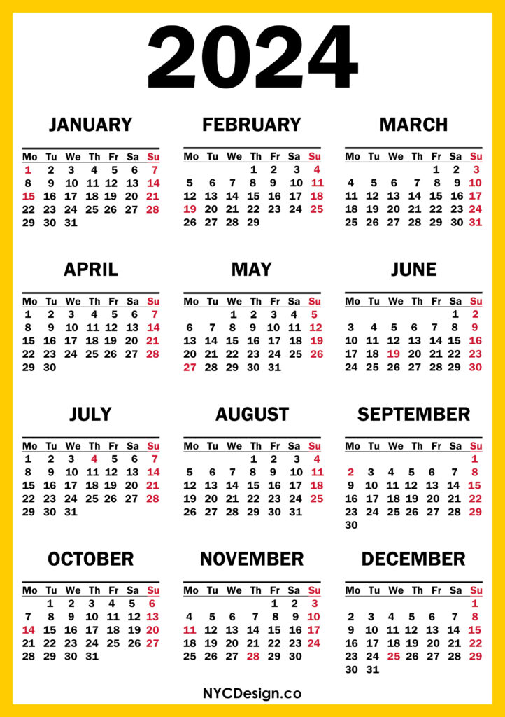 2024 Calendar with US Holidays, Printable Free, Orange, Yellow Monday