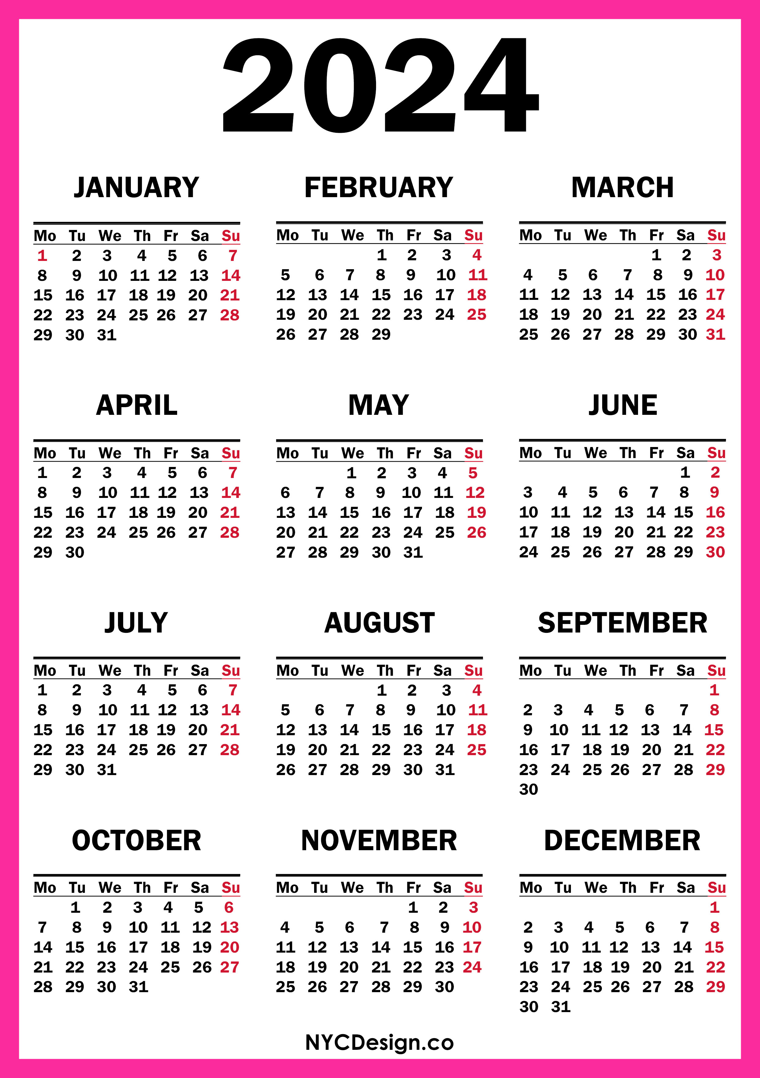 2024 Calendar Printable Free, Pink Monday Start nycdesign.us