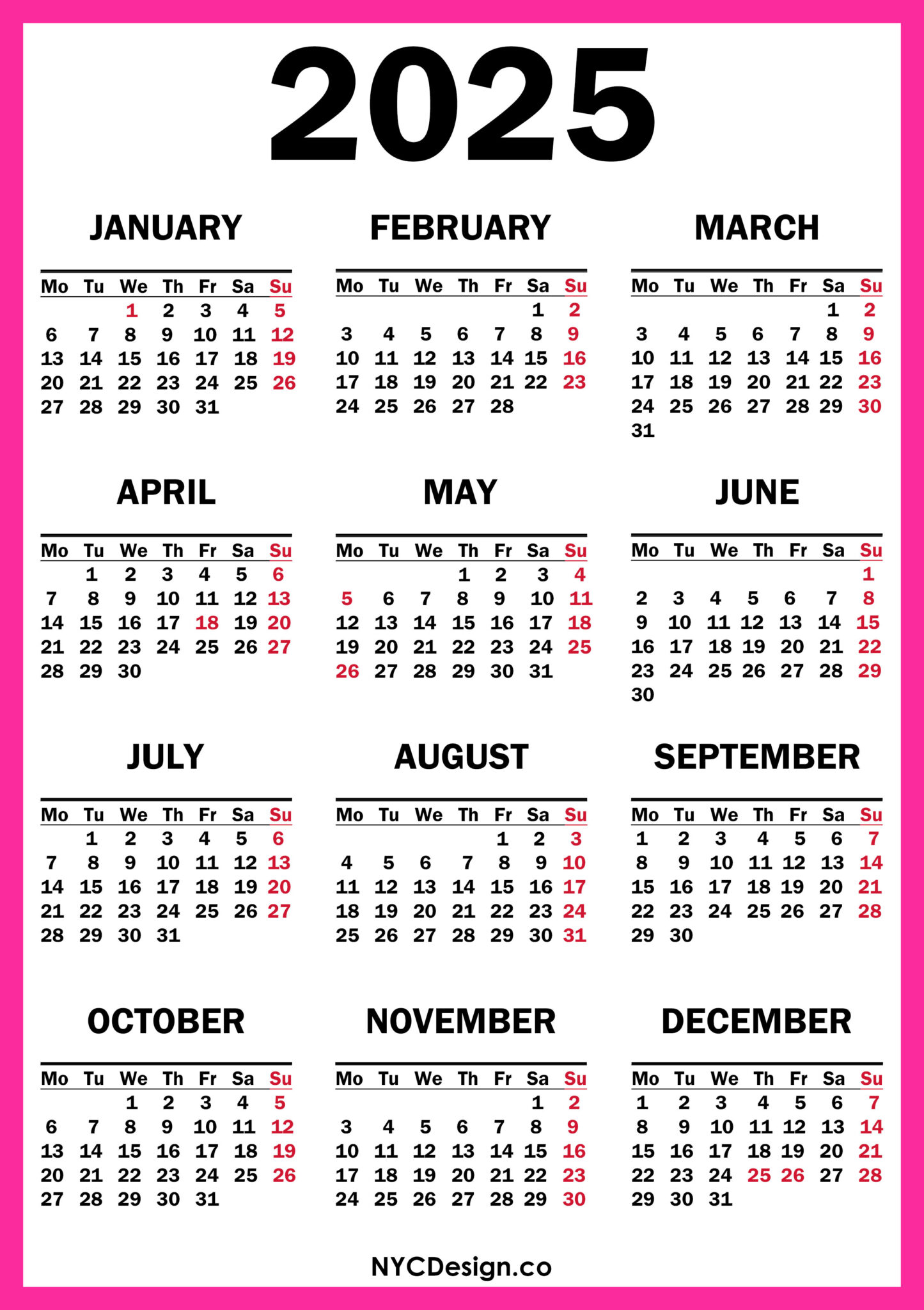 2025 Calendar with UK Holidays, Printable Free, Pink nycdesign.us