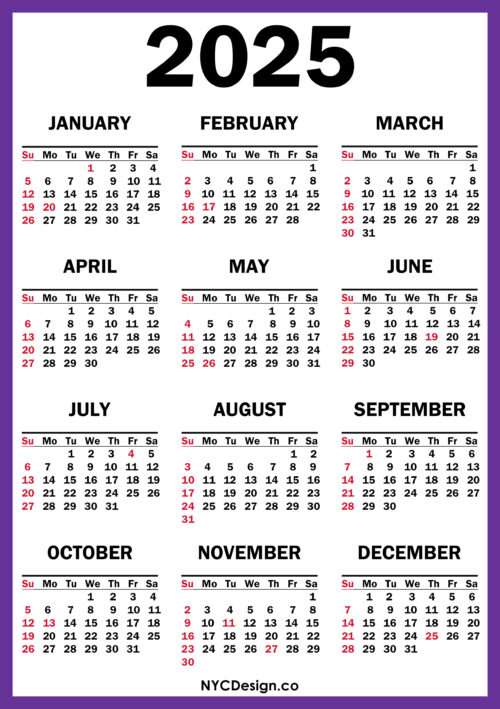2025 Calendar with US Holidays, Printable Free, Purple Sunday Start