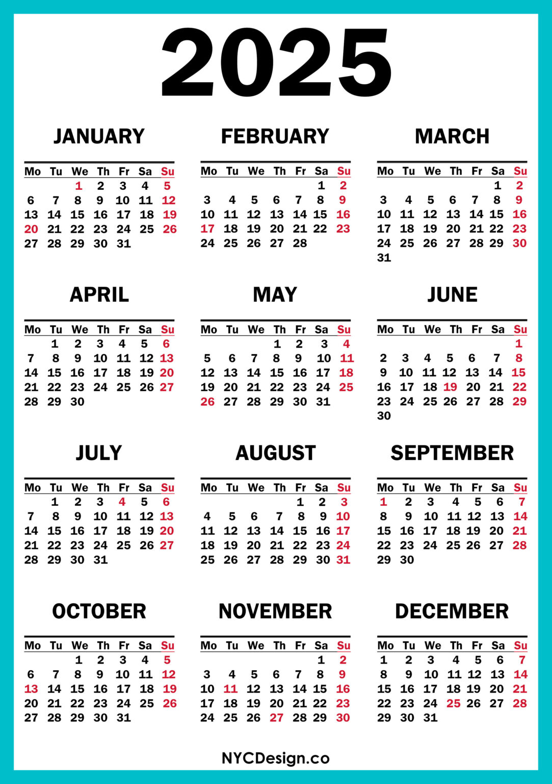 2025 Calendar With Us Holidays Printable Free Turquoise Blue Monday