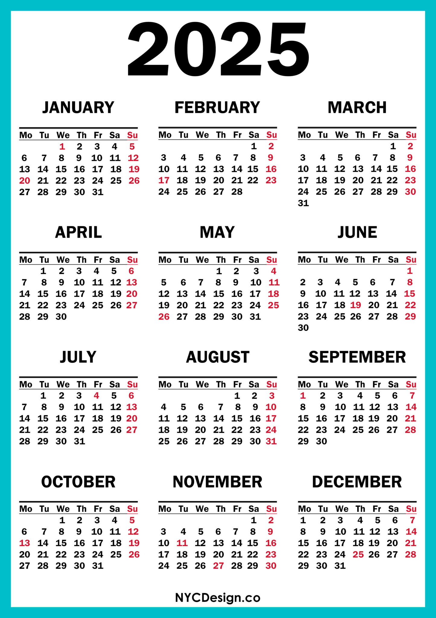2025 Calendar with US Holidays, Printable Free, Turquoise Blue Monday