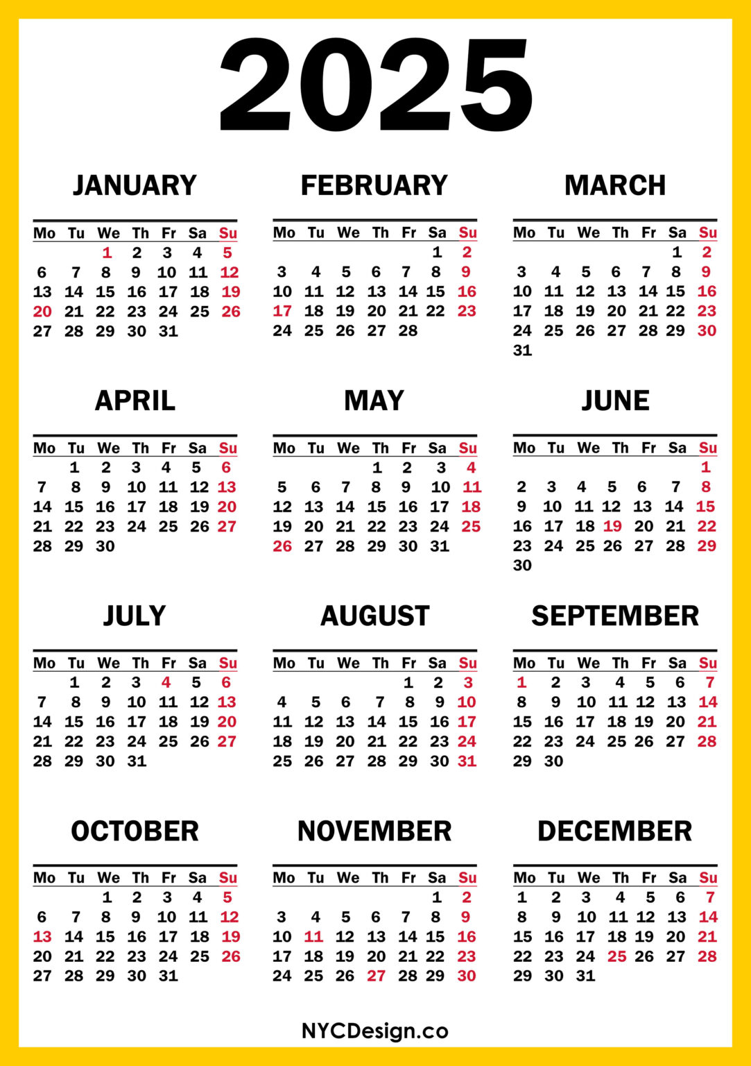 2025 Calendar with US Holidays, Printable Free, Orange, Yellow Monday