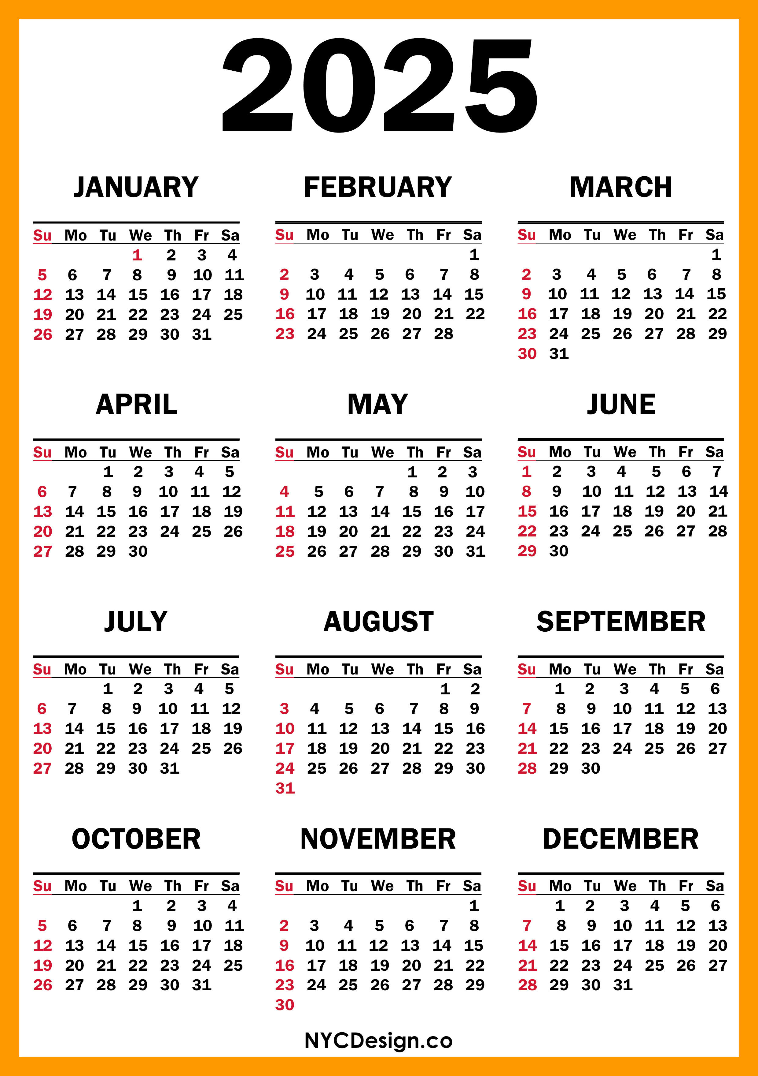 2025 Calendar Printable Free, Orange, Yellow Sunday Start nycdesign.us Printable Things