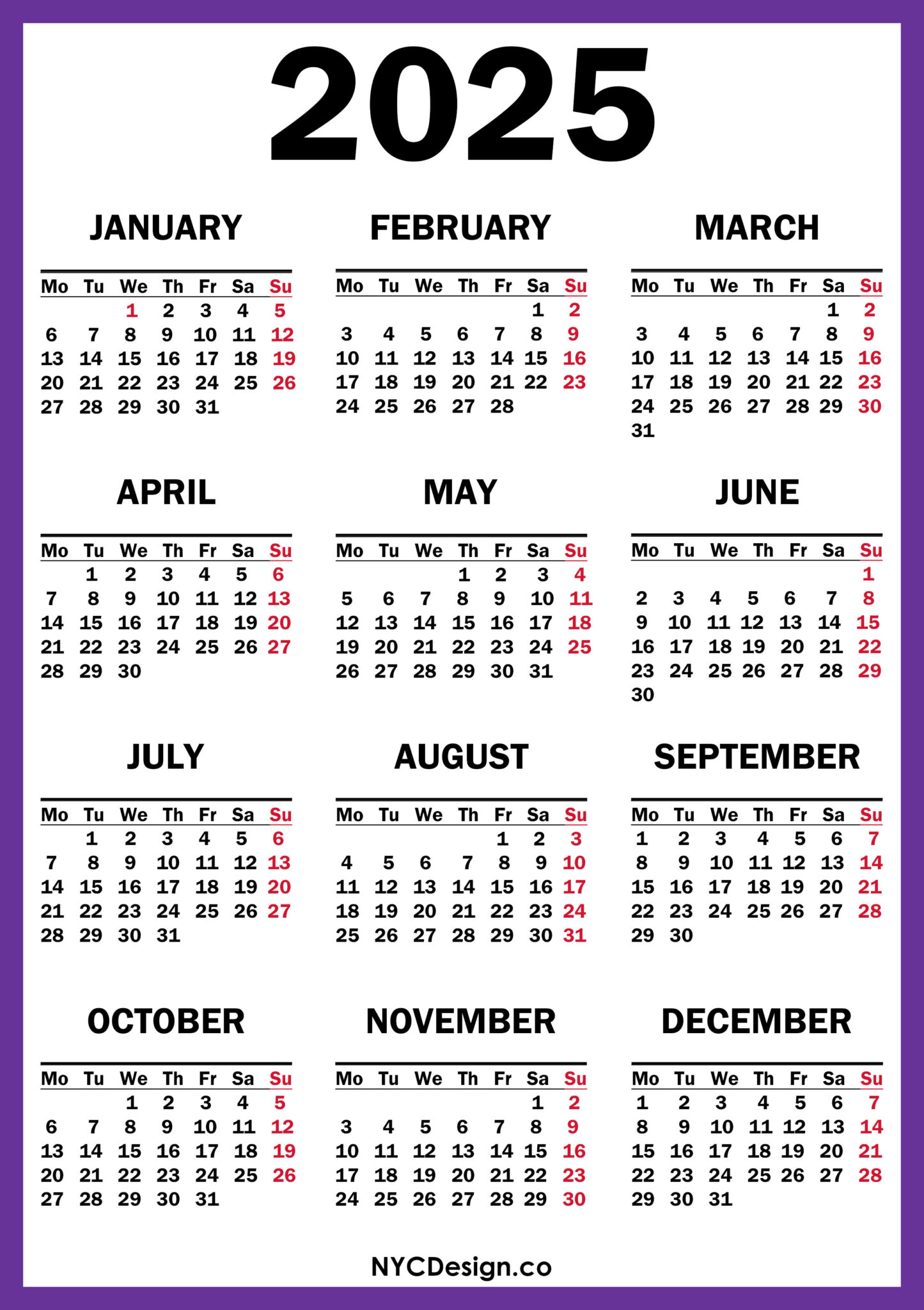 2025 Calendar Printable Free, Purple Monday Start nycdesign.us