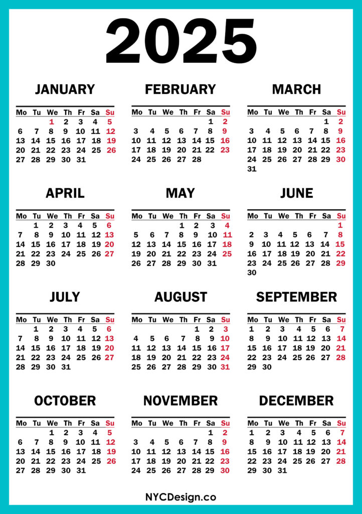 2025 Calendar Printable Free, Turquoise Blue โ Monday Start โ nycdesign ...