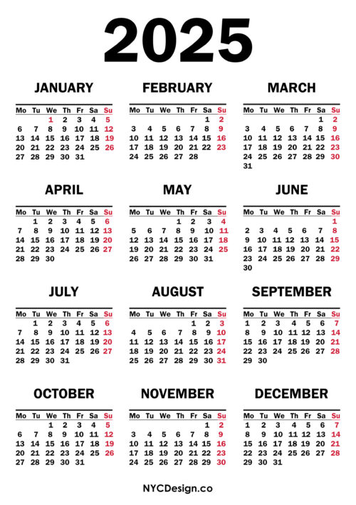 2025 Calendar Printable Free, White Monday Start nycdesign.us