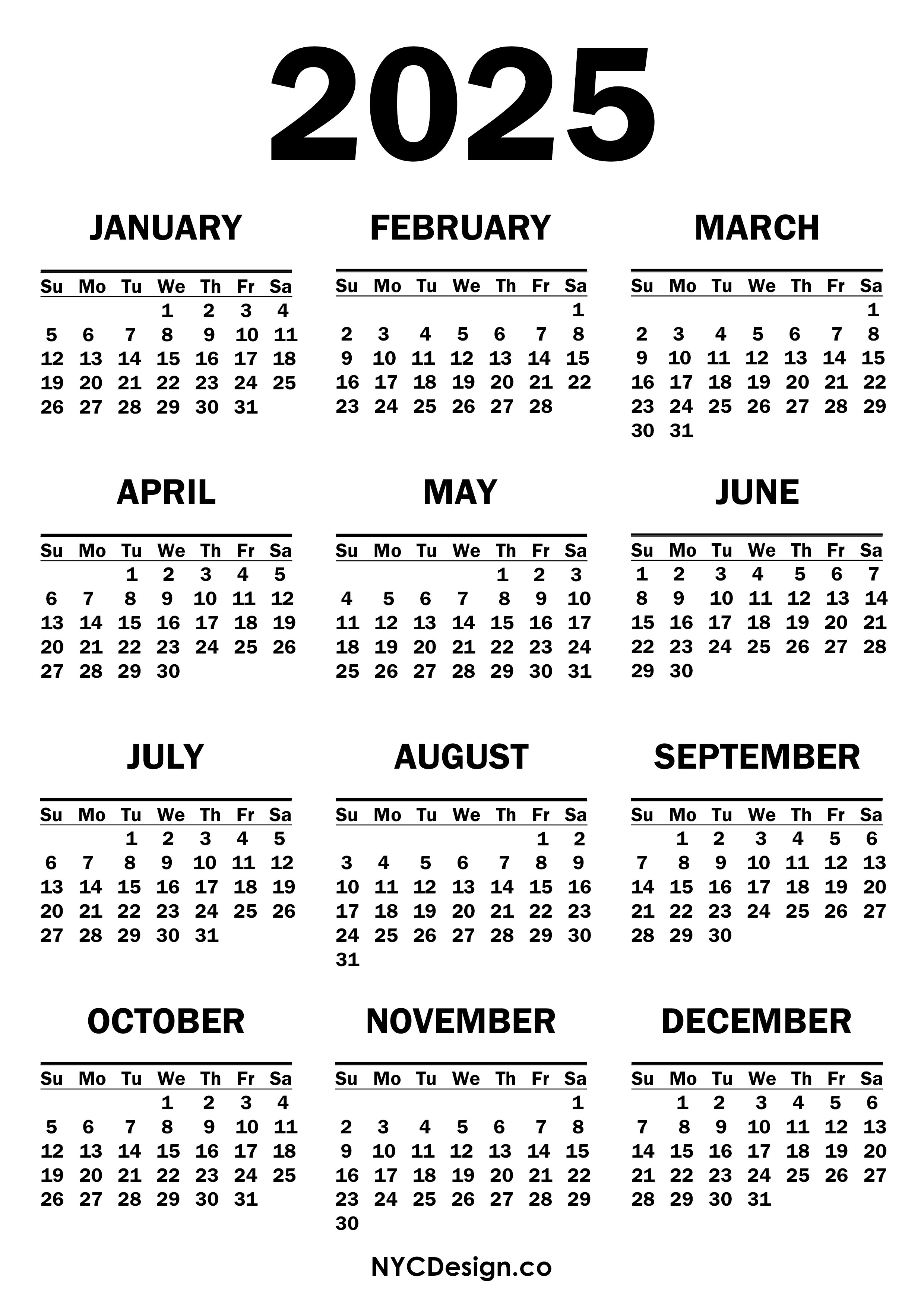 2025 Calendar Printable Free White Sunday Start Nycdesign us 