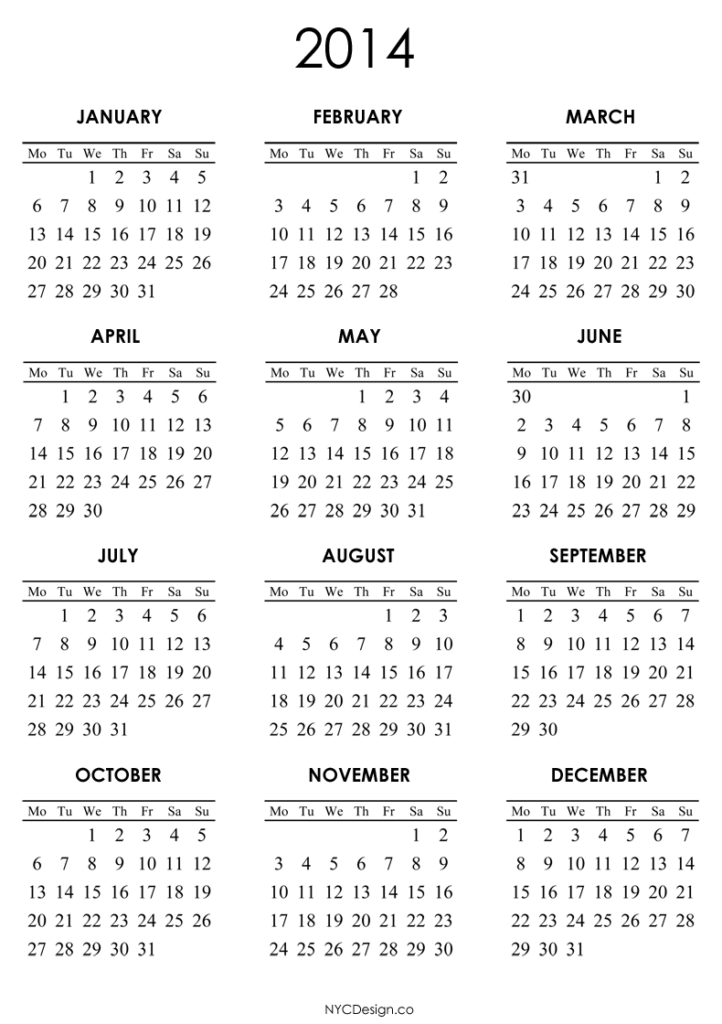 Printable Calendars nycdesign us - 2014 Calendar White 001 722x1024