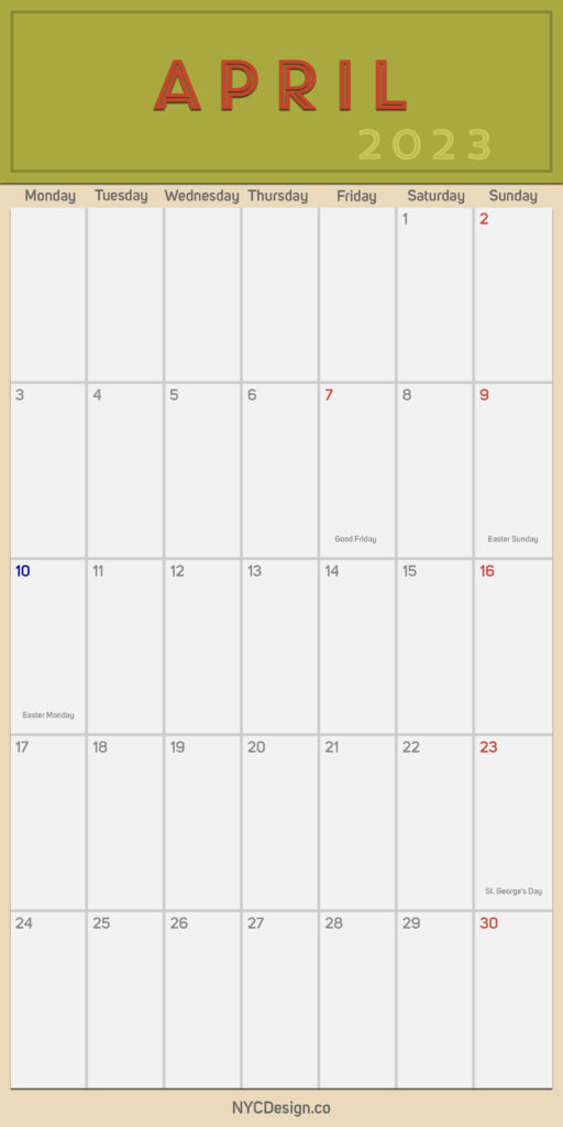 2023 April Monthly Calendar with UK Holidays, Planner, Printable Free